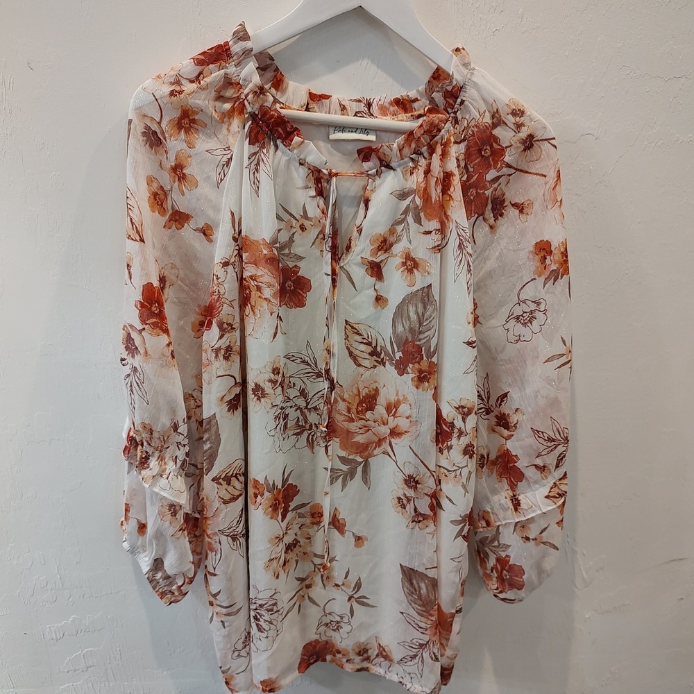 Kate and Lily Women 1X Ivory Pink Floral Chiffon Balloon Sleeve V-Neck Blouse